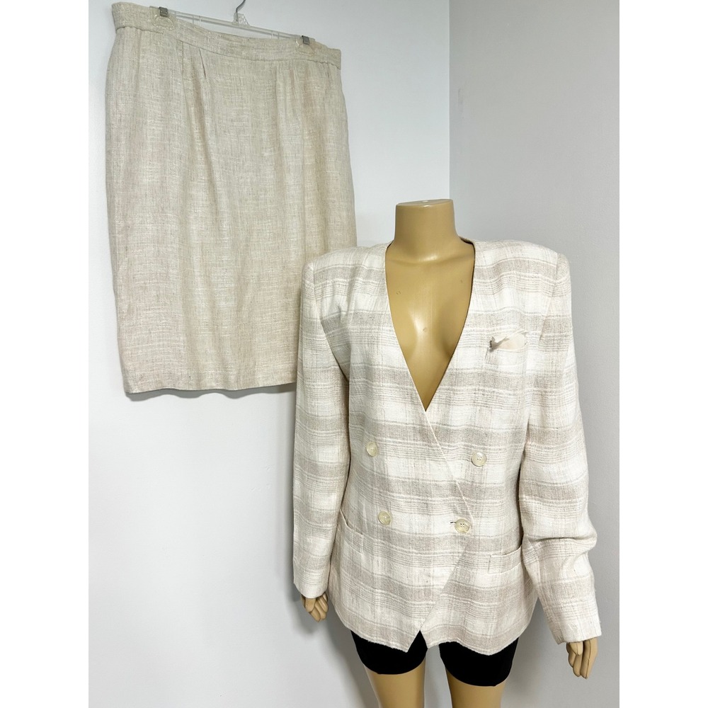 Executive Collection Womens Beige Linen Blend Plaid Skirt Suit Set Size 16